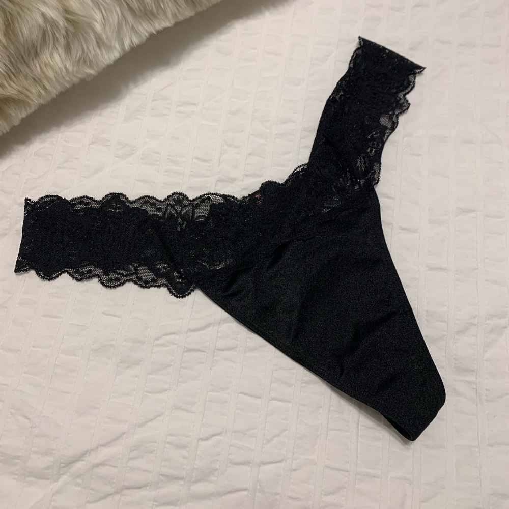 NEW! PINK! Black Satin & Lace Thong Panty